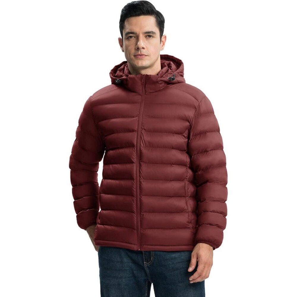 Men’s Wine Red 100% Nylon Hooded Zip-Up Lightweight Warm Winter Puffer Jacket - Picture 2 of 7